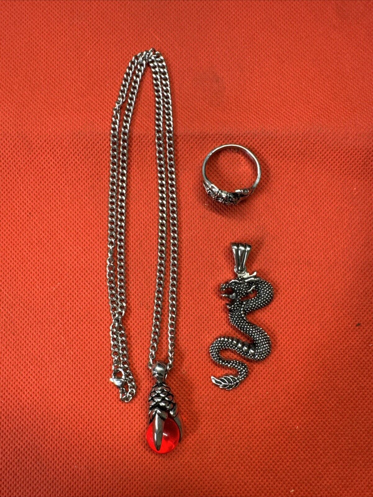 Stainless Steel Red Glass Claw Pendant, Necklace, Ring/ Set Of 3