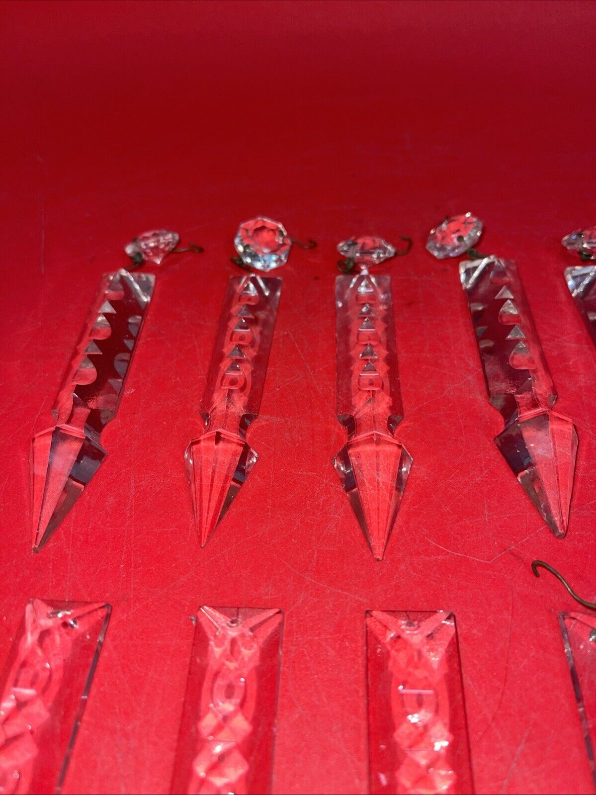 13 Vintage Clear Crystal Glass  Cut Spear Prisms  Lamp Parts 4” #7