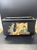 Vtg Hand Painted Geishas House Black Metal Magazine Newspaper Floor Rack