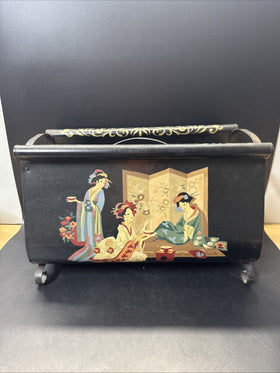 Vtg Hand Painted Geishas House Black Metal Magazine Newspaper Floor Rack