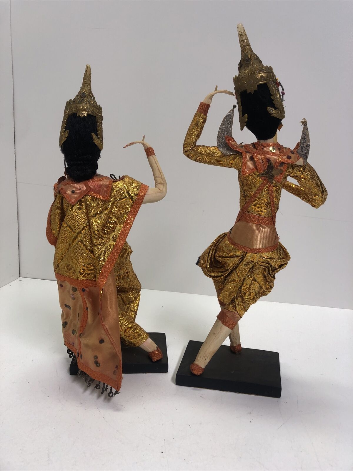 2 Vtg Handmade Thailand Bangkok Cloth Doll Silk Screen Dancer Wood Stand