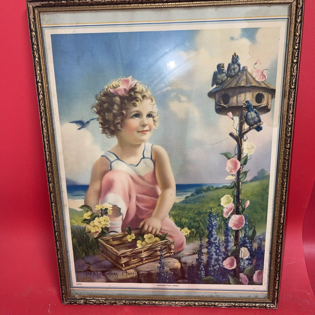 Vintage art Girl Birds house Flowers, by Mabel Rollings Harris Lot 2