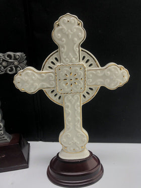 Celtic Ceramic Cross Gold Accents Holly Holiday Royal Limited Wooden Base