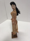 Vintage Asian DOLL Woman in Purple Dress w/Pants Plastic 16.25” on wood base