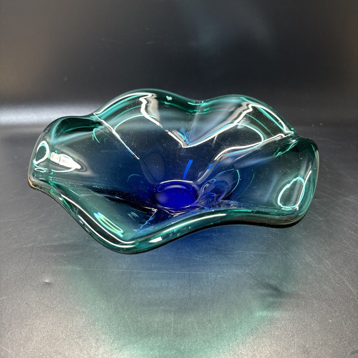 Vintage Murano-Style Cobalt Blue with Green Edges Art Glass Wave Ruffle Bowl 10"