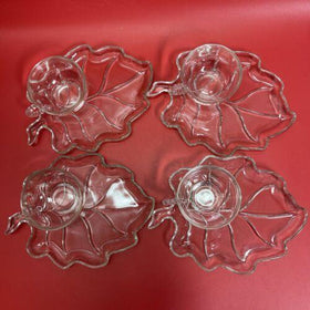 Vintage Glass Snack Tray Leaf And Teacup Tea Coffee Cup Set 4+4