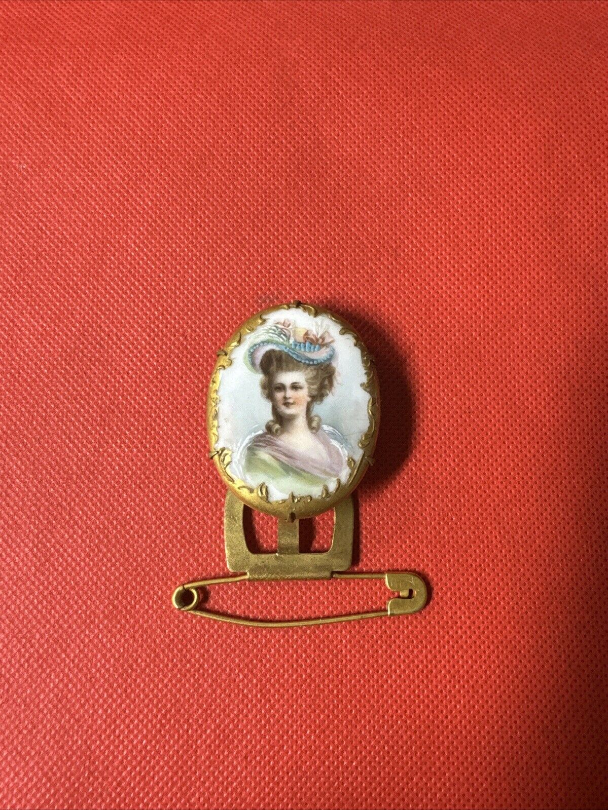 Antique Porcelain Pin Lovely Lady Hand Painted Pink Blue Gold Back Lovely