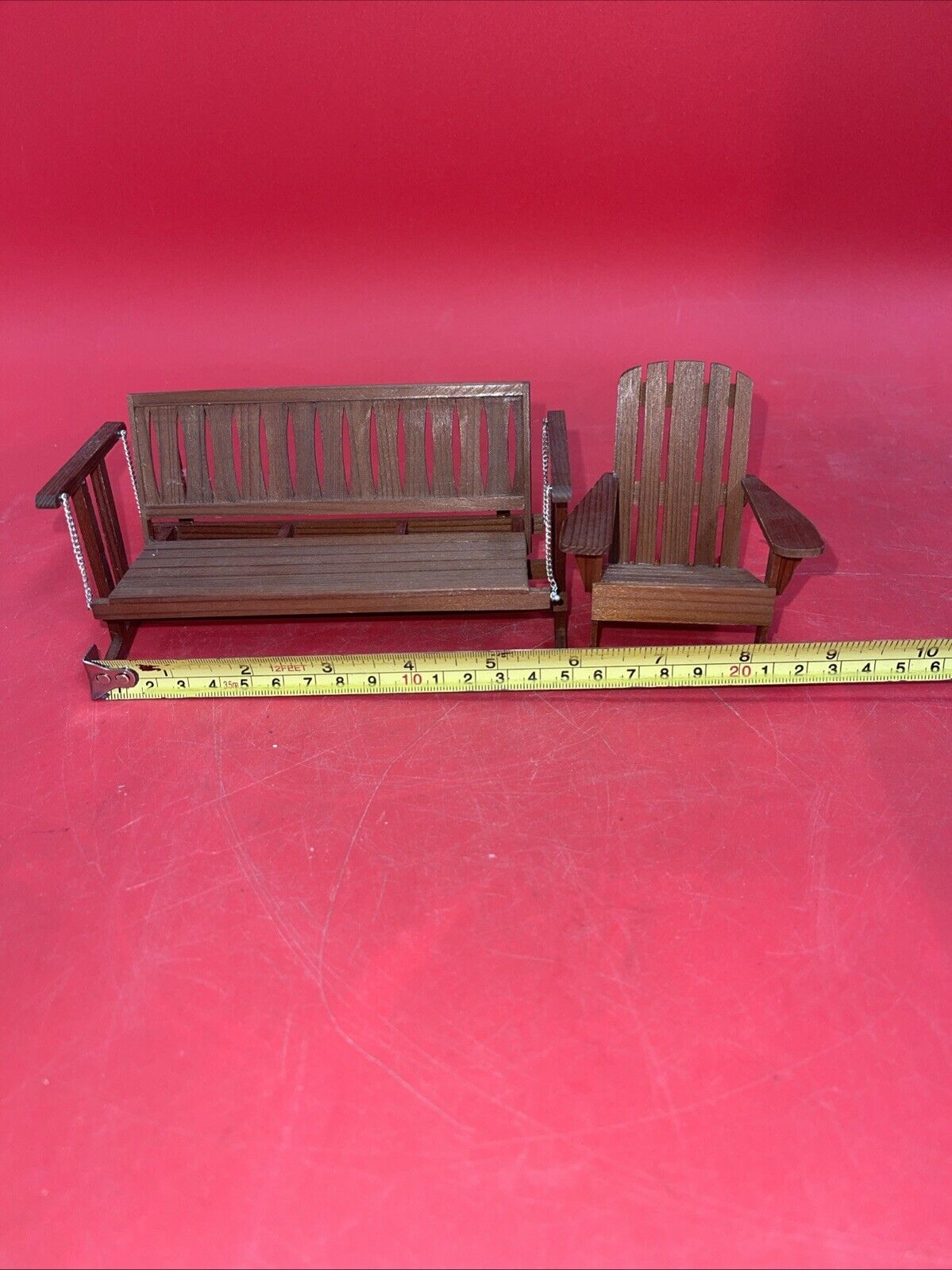 Vintage Miniature Dollhouse Brown Wood Porch Swing Bench Seat w/ Chains Armchair