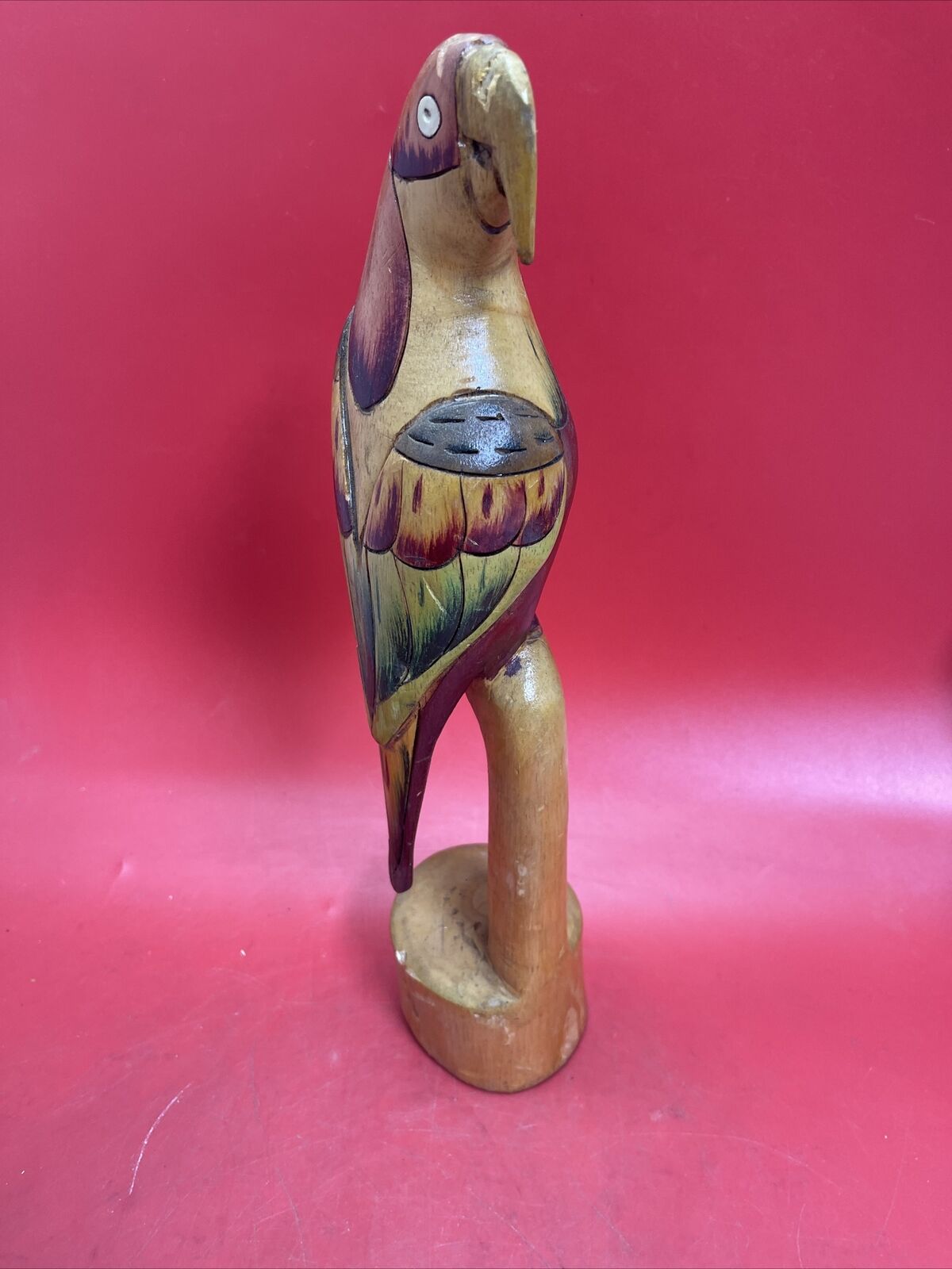 Vintage Wooden Parrot on Perch Hand Carved Painted Tropical Sculpture 16”