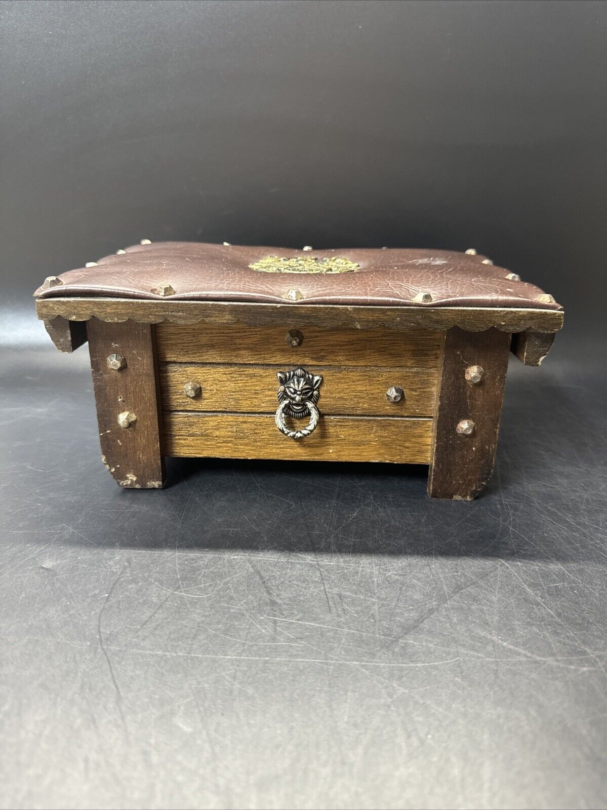 Vtg 60’s Brown Wood Jewelry Trinket Stash Box