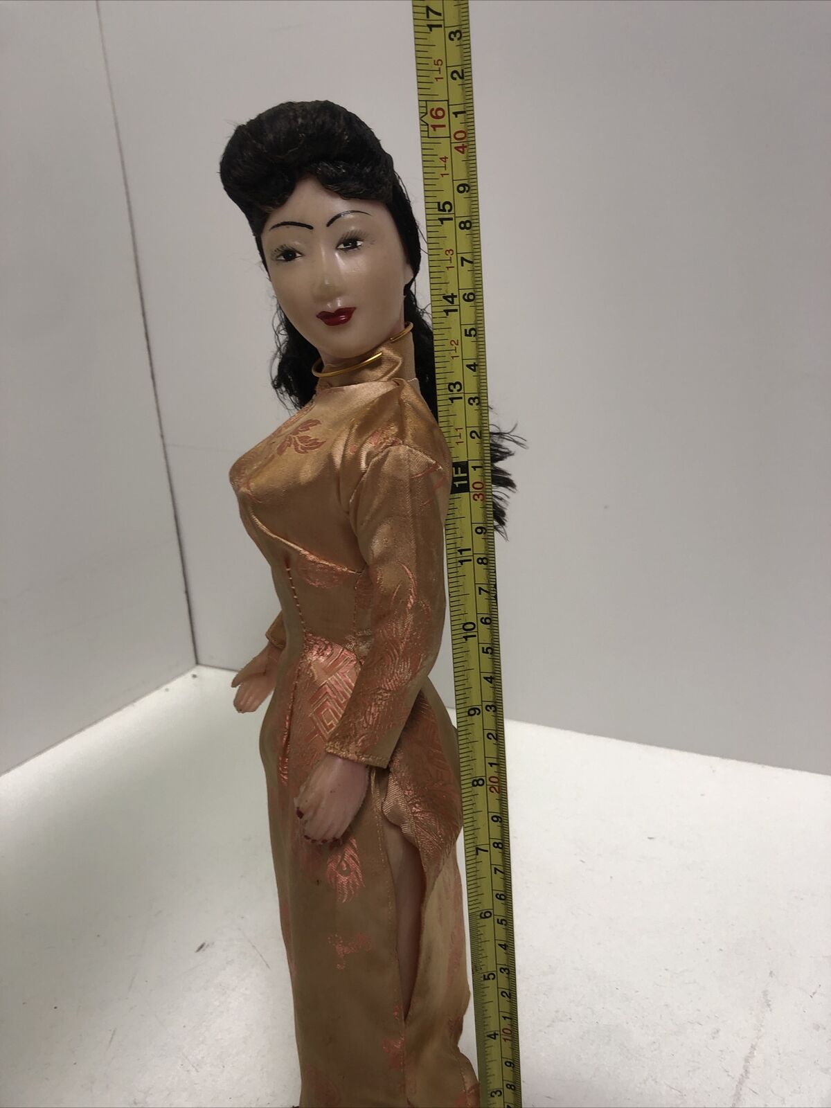 Vintage Asian DOLL Woman in Purple Dress w/Pants Plastic 16.25” on wood base