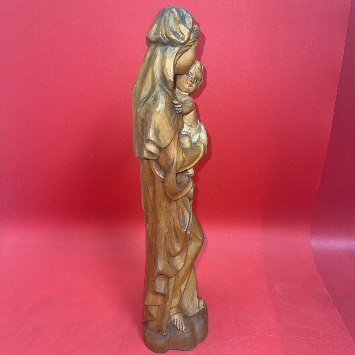 15.5" WOOD HAND CARVED OUR LADY VIRGIN MARY JESUS STATUE FIGURE SCULPTURE