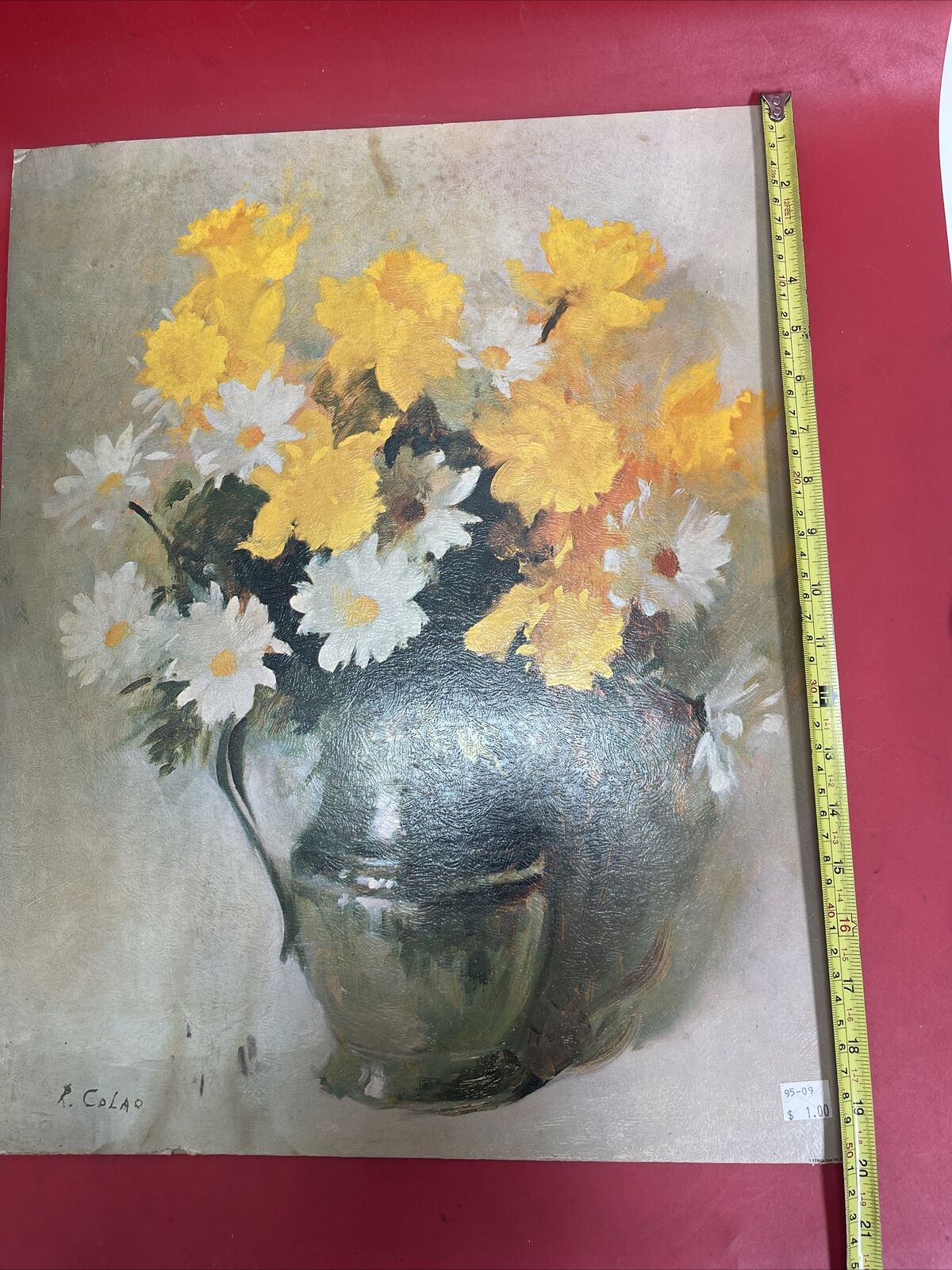 Vintage Still Life Rudolph Colao Daisies Art P litho 20" x 16" on board