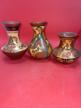 Vintage Hand Painted Aztec Mayan Tribal Art Vases Lot 3