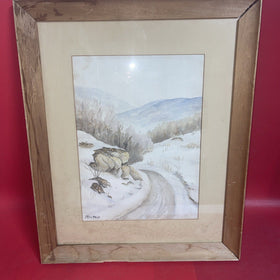 Vintage Watercolor Painting  Countryside in Winter . By artist Milton