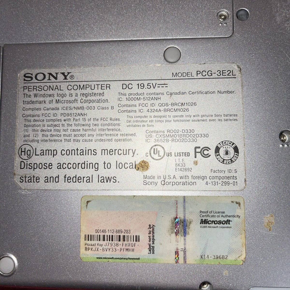 Sony Model PCG-3E2L Laptop For Parts