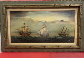 Vintage oil painting seascape ships signed by Lubar size 16”x31”