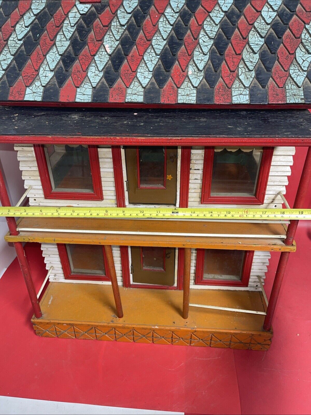 Vintage wooden dollhouse, two-story. Windows - red, removable roof