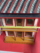 Vintage wooden dollhouse, two-story. Windows - red, removable roof