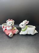 Vintage Teddy Bear And Bunny Pottery Ceramic Planters Set