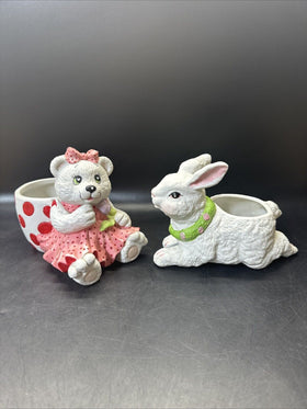 Vintage Teddy Bear And Bunny Pottery Ceramic Planters Set