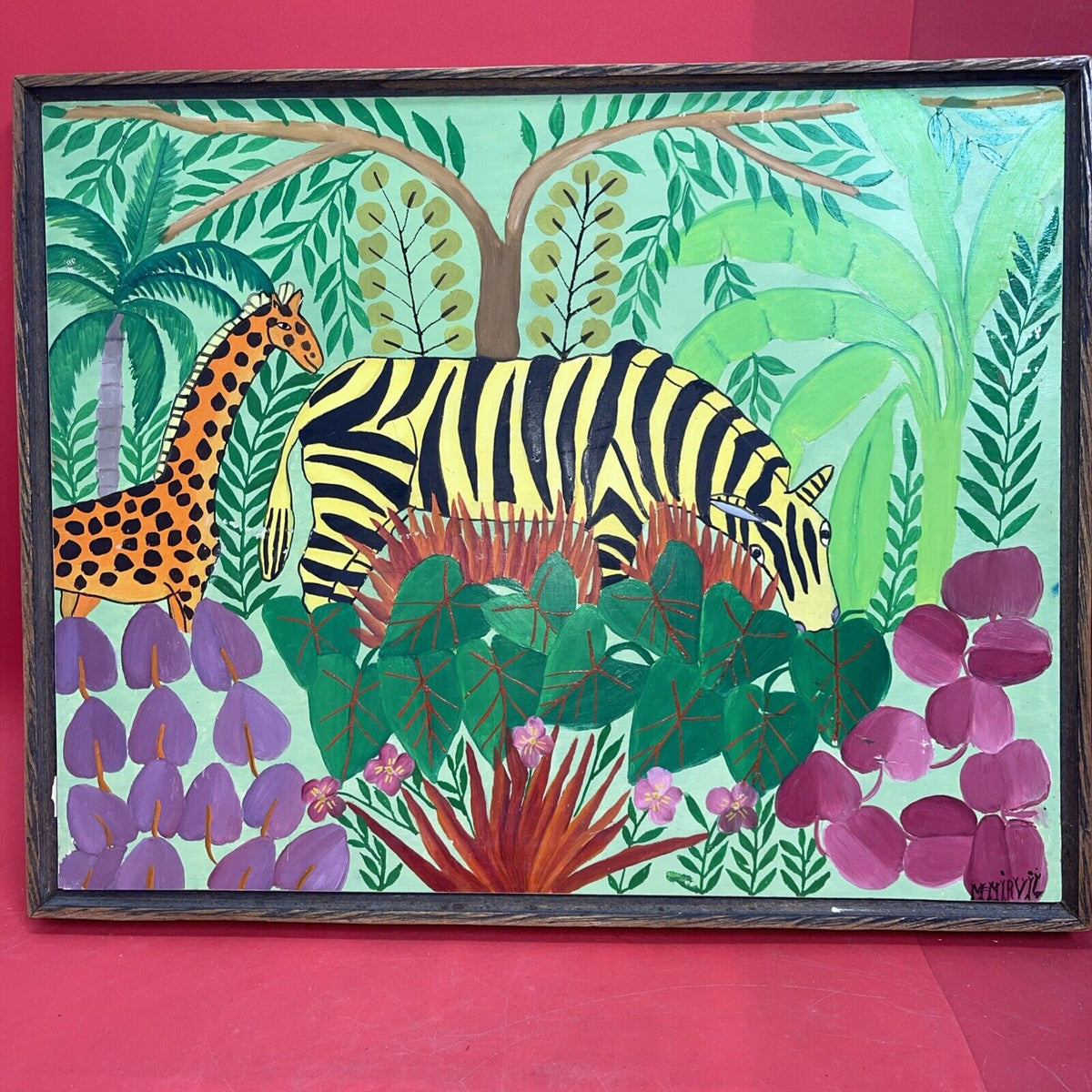 Haitian Jungle Art ,Artist M. Mirvil Brilliant Colors Signed Framed 16Hx20w