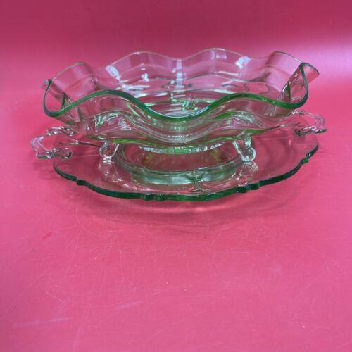 Vintage Green Glass Double Handle Plate & Candy Vase Green