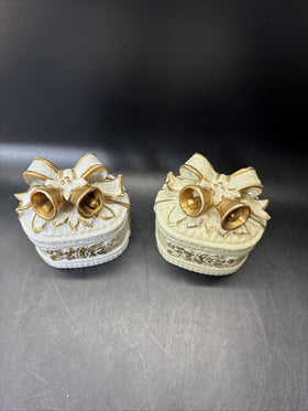 Vintage Trinket Box With Bow And Bells And Gold Accents/ Lot Of 2