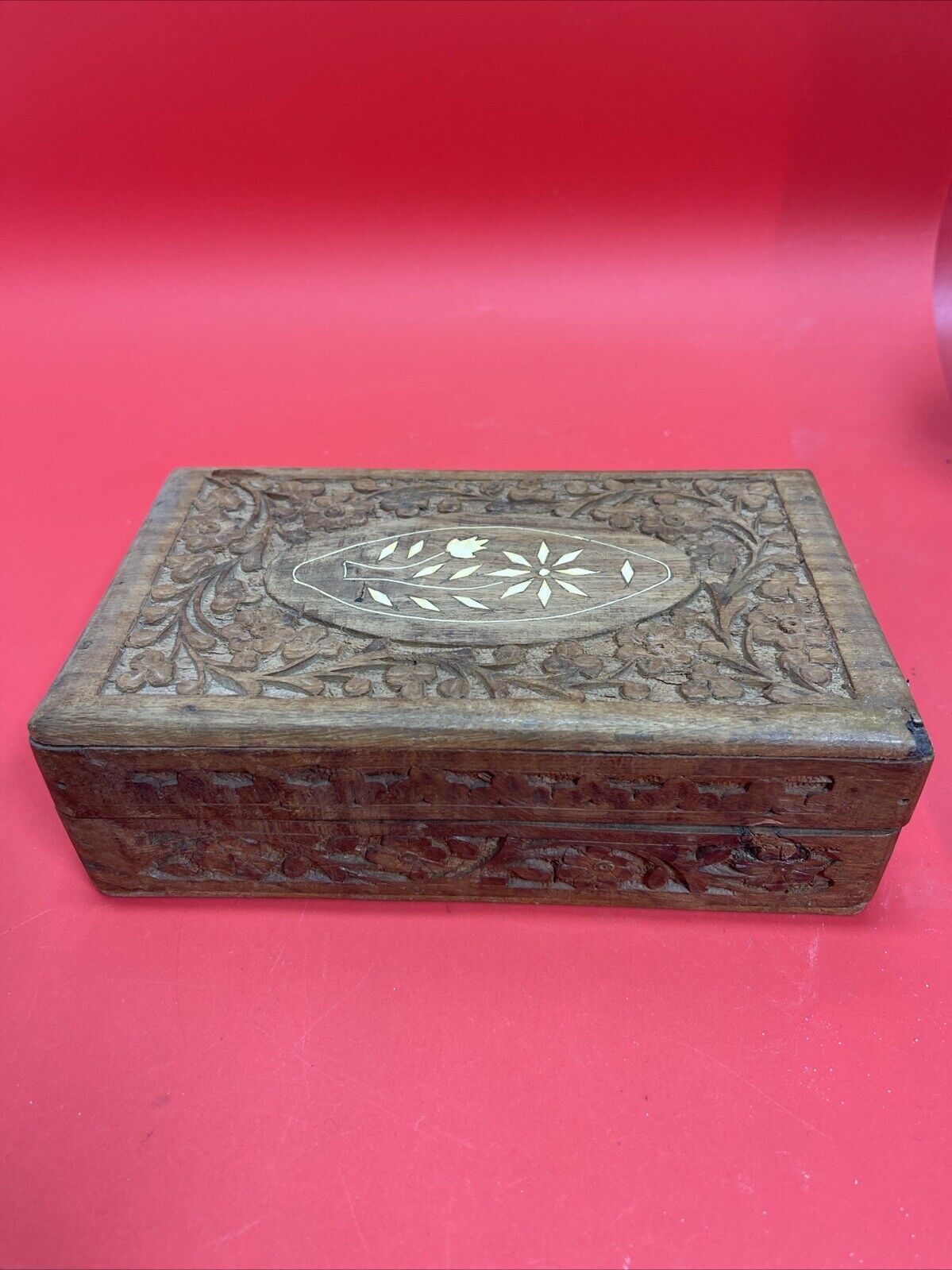 Vintage Hand Carved Teak Wooden Jewelry Trinket Box Made in India Lot 2