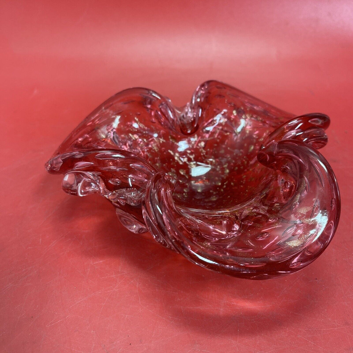 Art Folded Glass Red & Gold Aventurine Flecked Bowl Candy Trinket