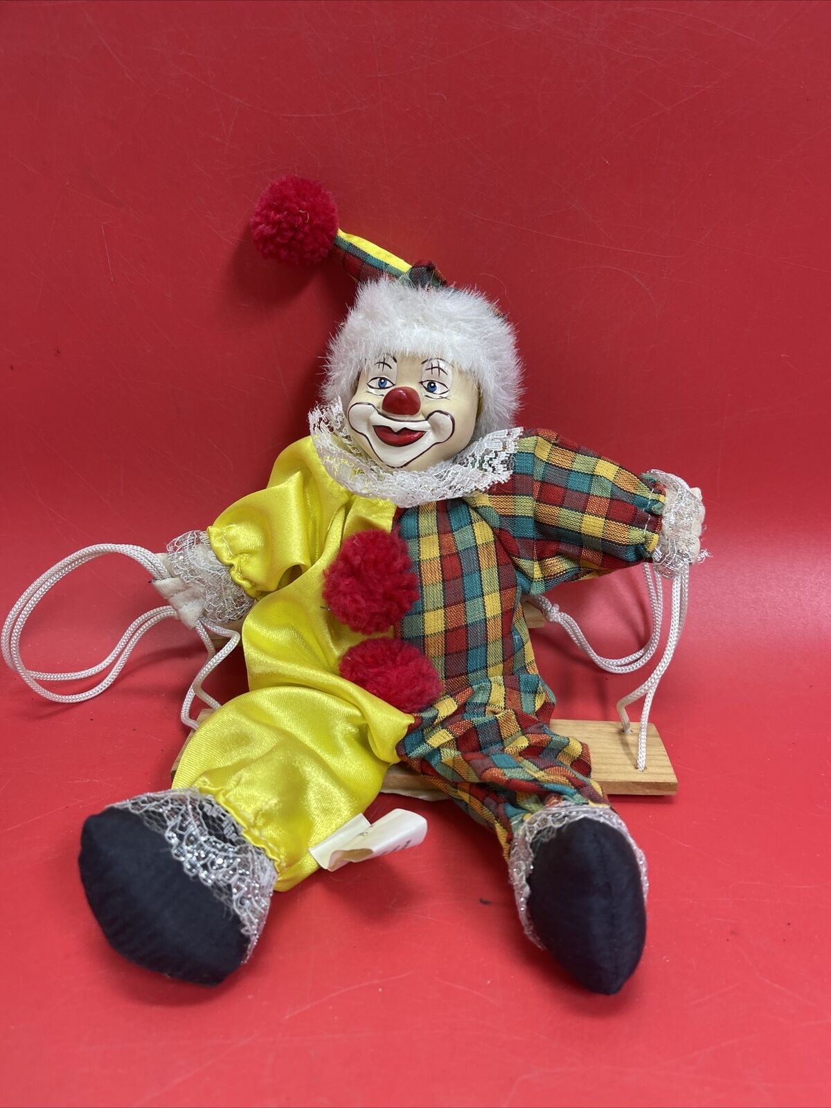 Clown Marionette Puppet With Porcelain Face On Swing 9” Figure - Preowned