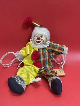 Clown Marionette Puppet With Porcelain Face On Swing 9” Figure - Preowned
