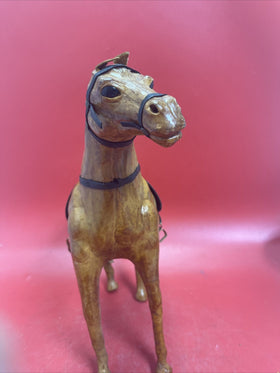 Vintage Leather Wrapped Horse Figure Statue Buckskin w/ Saddle & Reins