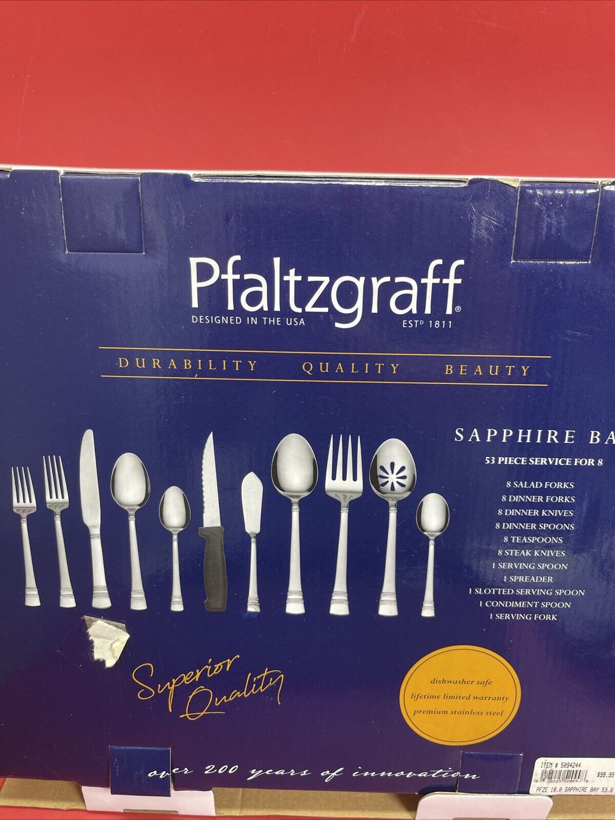 Pfaltzgraff Everyday Sapphire Bay Stainless Steel 53-Piece Flatware Box Damage!