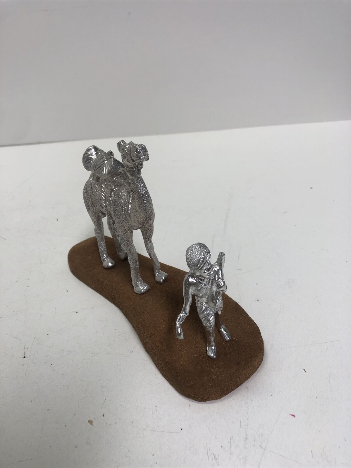 Vintage Set Silver Camel & Man Statue on Wood Stand Sculpture Figurine