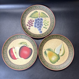 3 Vintage Home Interiors Painted Decorative Fruit Plates 8" Apples Pears Grapes