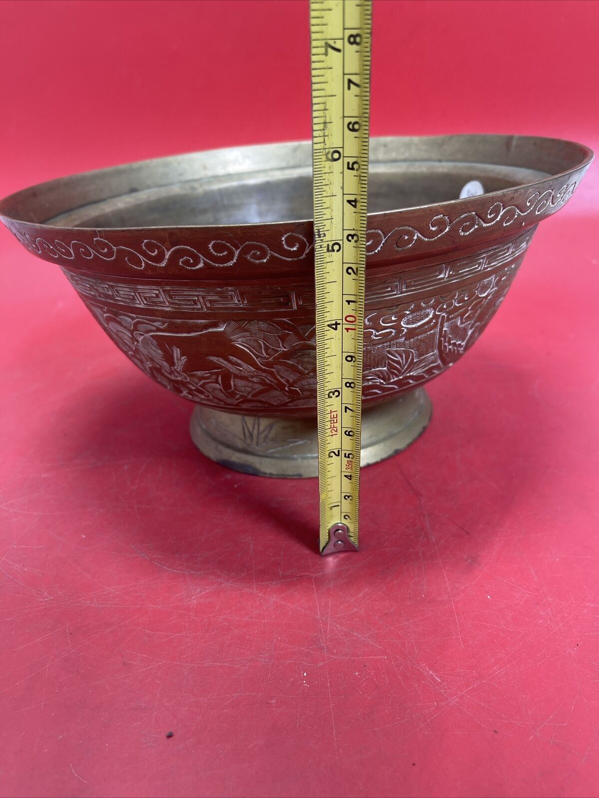 Antique Heavy Chinese Etched Brass Dragon Bowl Character Marks