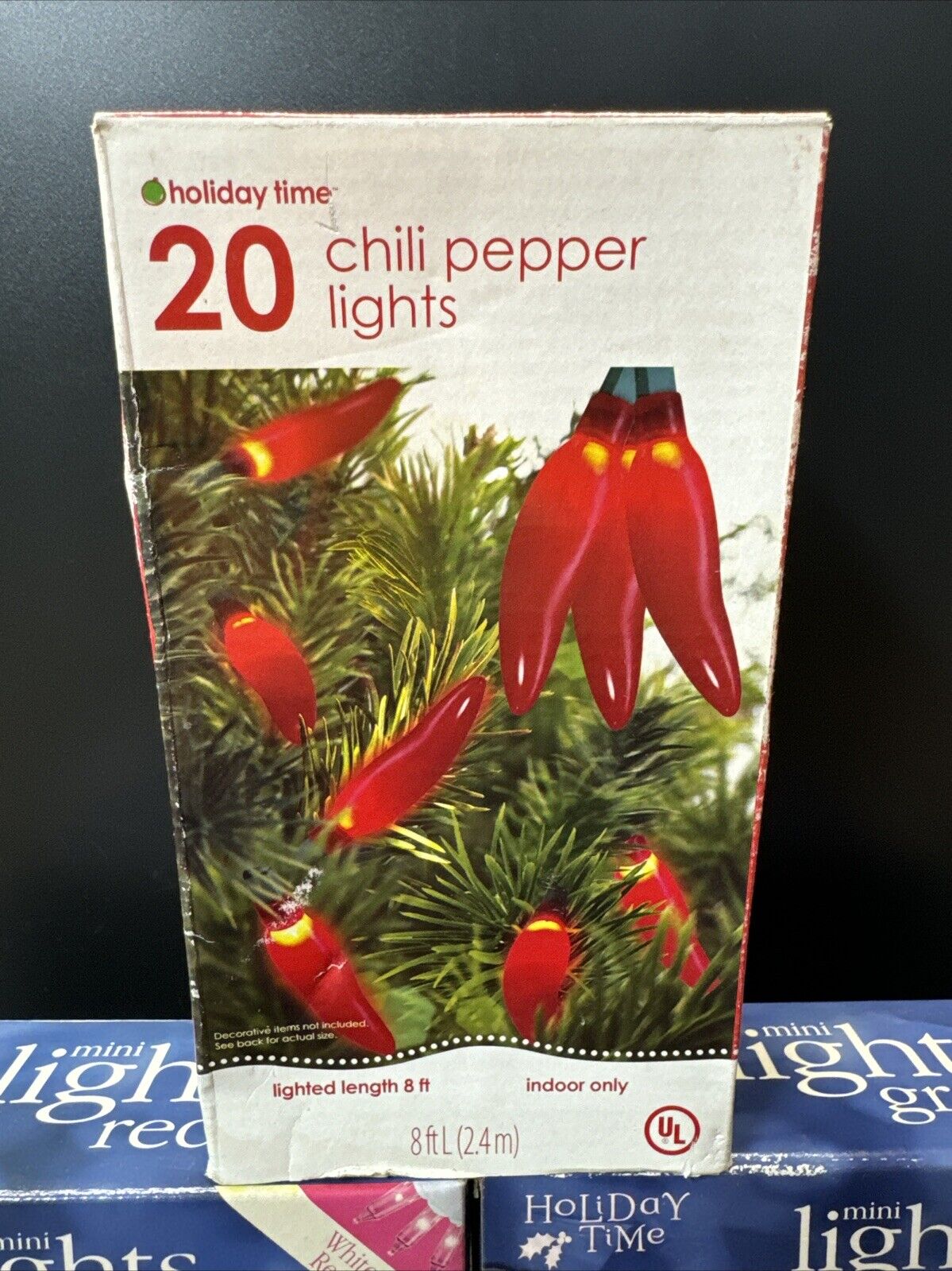 Holiday Time Lot Of 2 Boxes Of Mini Lights (red, green) And Chili Pepper Light