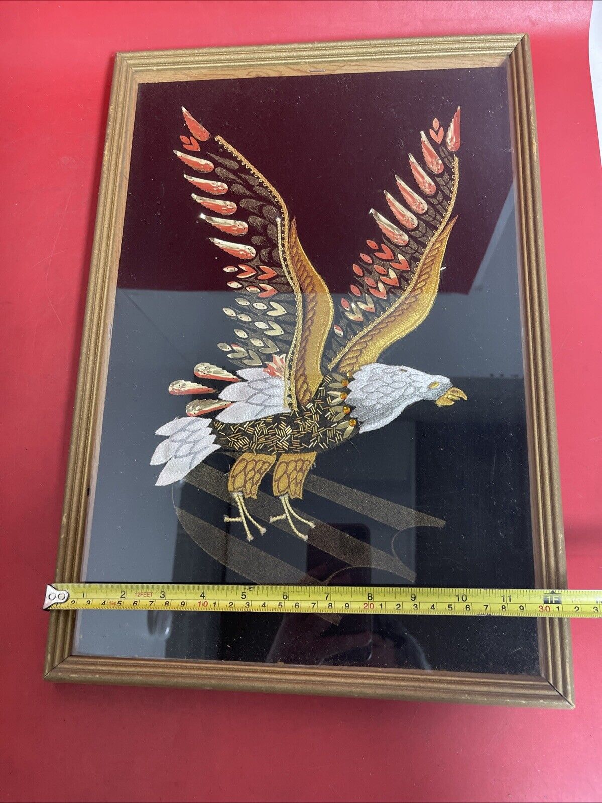 Vtg ART Velvet Bald Eagle Beaded Sequin Embroidered Applique framed under plexi.