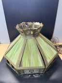 VINTAGE ENGLISH TUDOR TIFFANY STYLE SLAG GLASS HANGING LAMP LIGHT FIXTURE