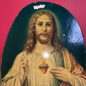Vintage "Sacred Heart Of Jesus" Wood Slice Plaque 21”x12” With Bark Edge 1950s
