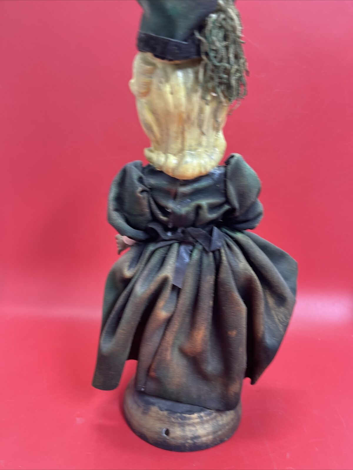 Porcelain Doll Green Velvet Dress & Hat On Stand
