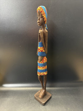 Vtg Carved Colorful Beaded Wood African 19" Tall Tribal Stick Doll Woman Statute