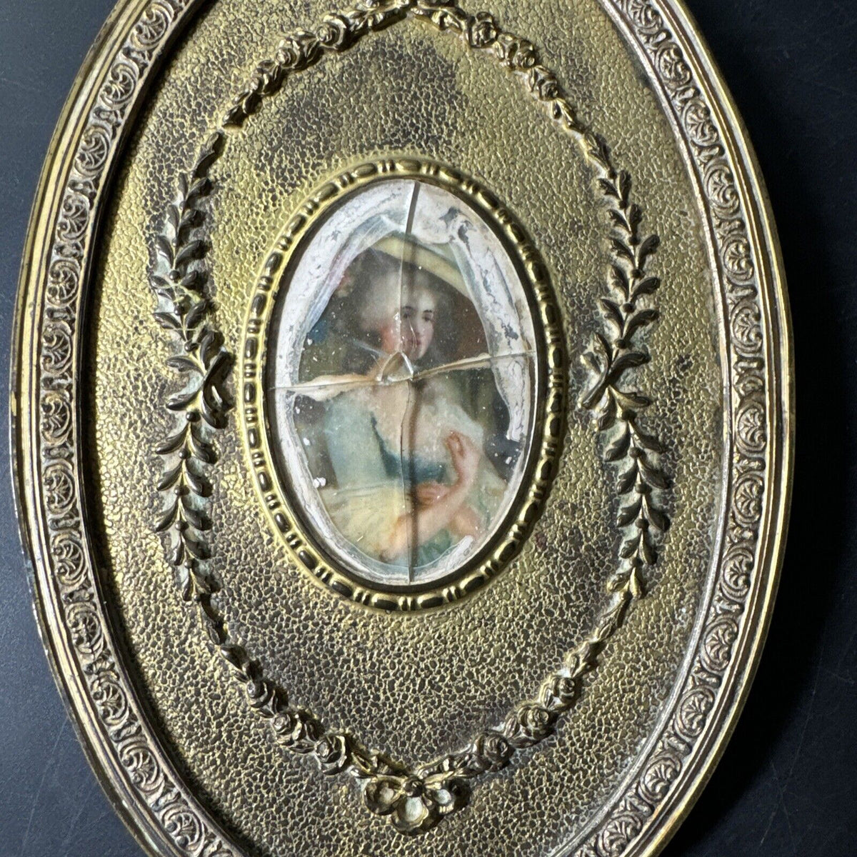 French Hand Mirror With Portrait Vintage Antique 