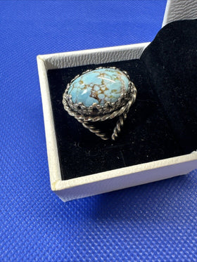 Germany Turquoise Peking Art Glass Ring Twisted Brass Adjustable