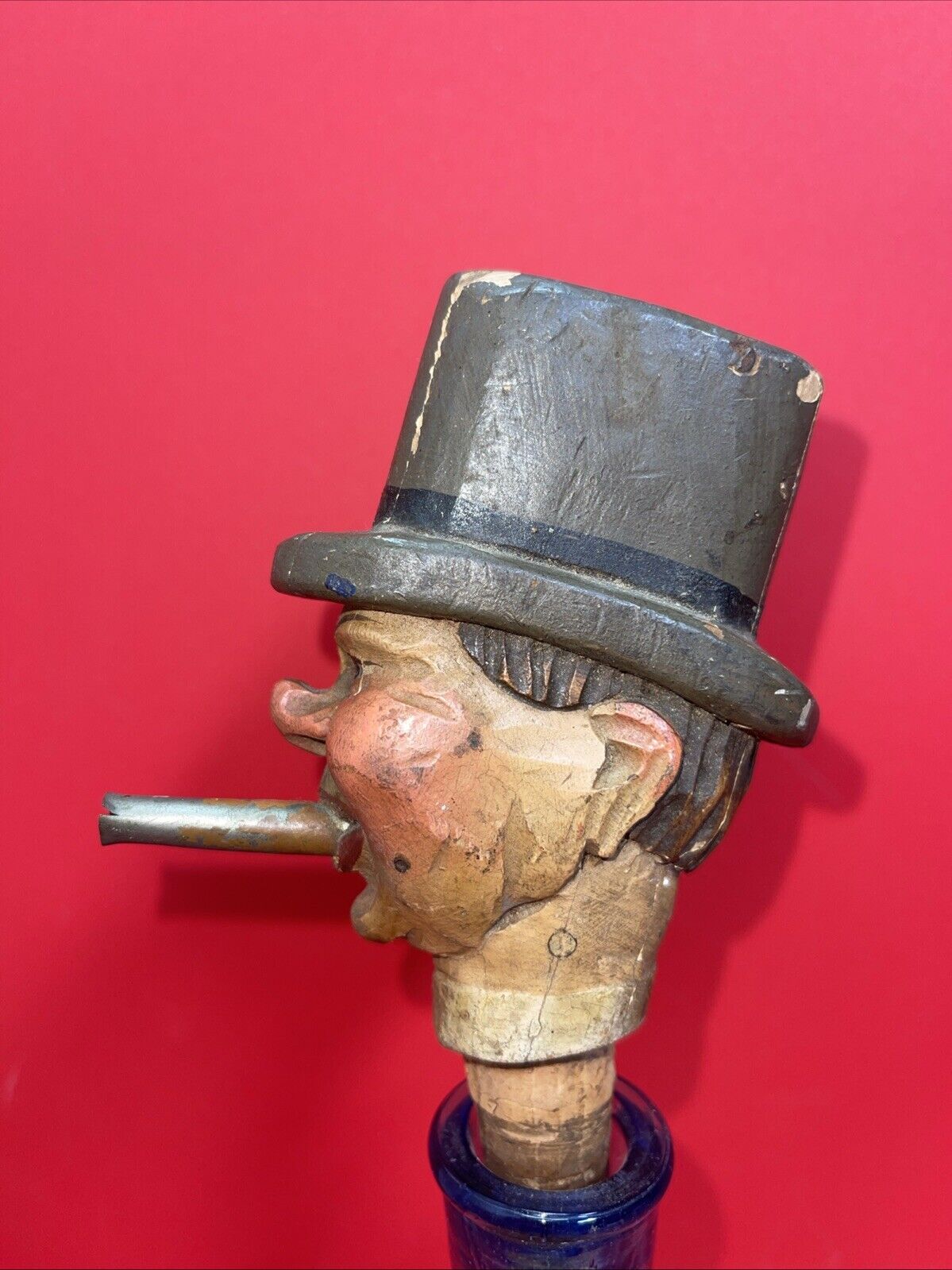Man with Hat Bottle Spout with Music Box Hand Carved Wood Vintage