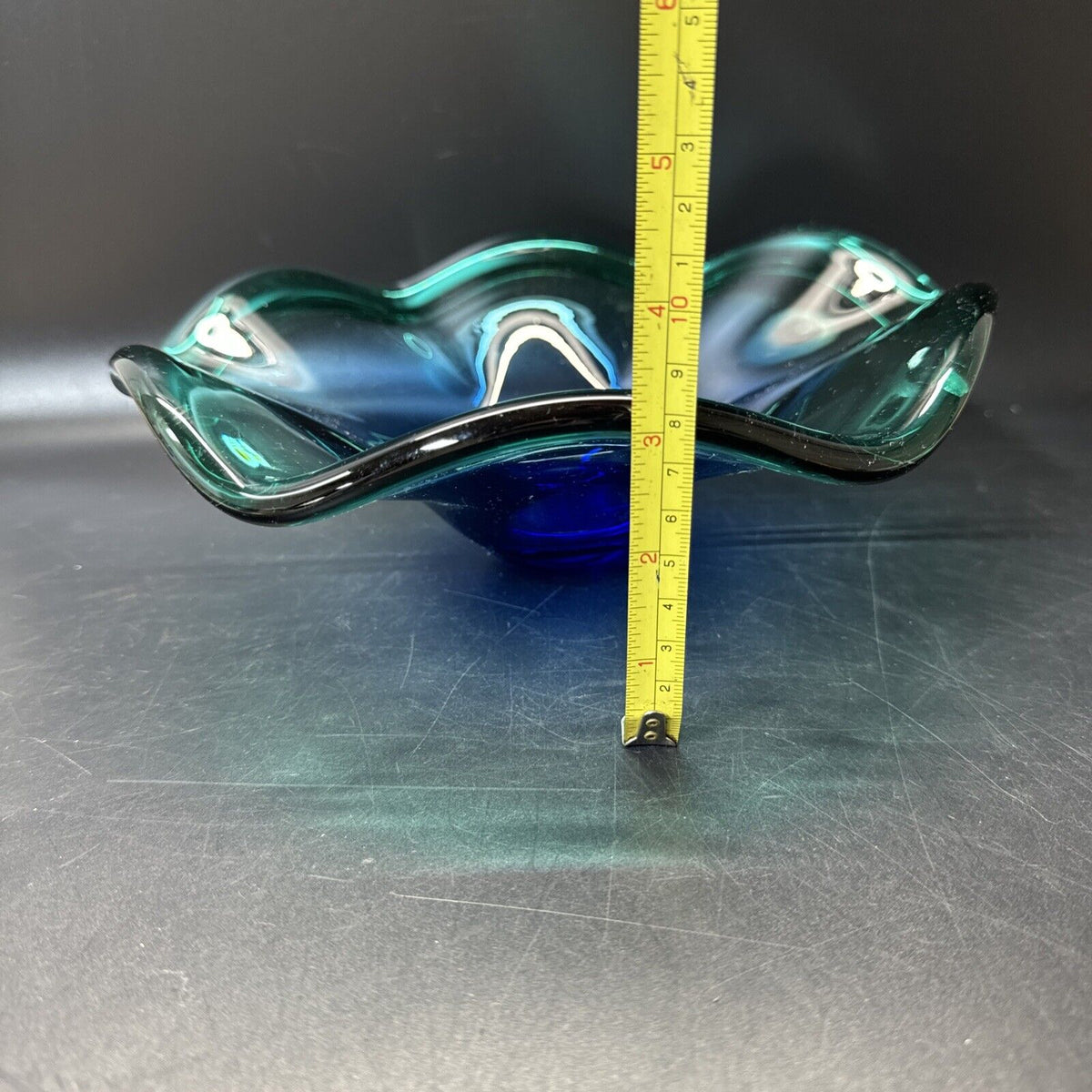 Vintage Murano-Style Cobalt Blue with Green Edges Art Glass Wave Ruffle Bowl 10"