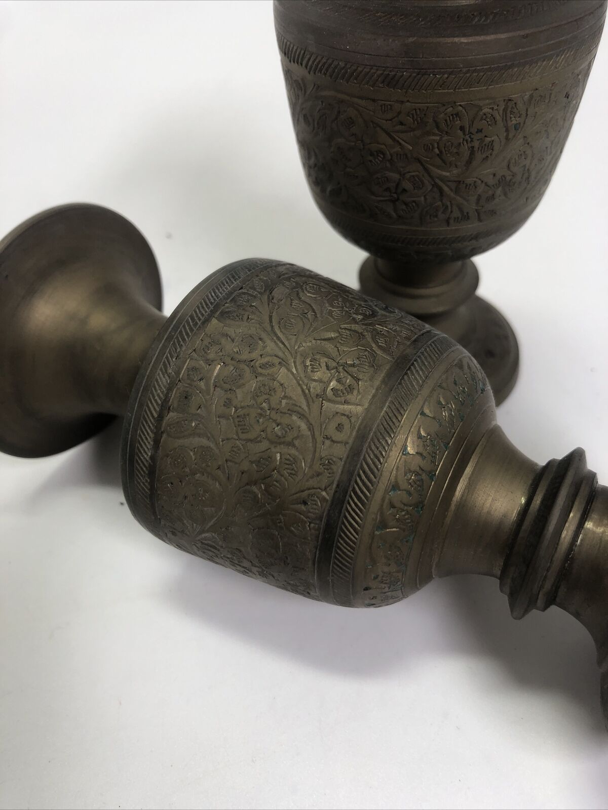 Vintage Pair of Indian Painted and Etched Brass Vases