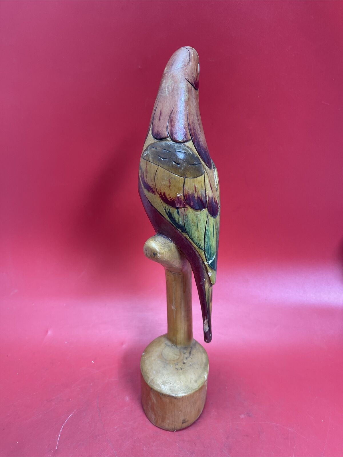 Vintage Wooden Parrot on Perch Hand Carved Painted Tropical Sculpture 16”
