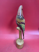 Vintage Wooden Parrot on Perch Hand Carved Painted Tropical Sculpture 16”